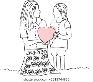 Line art illustration of a mother and daughter sharing a heart, symbolizing love and connection. Simple, elegant design.