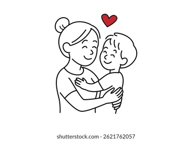 Line art illustration of a mother hugging her son with a heart symbol above. A warm and emotional doodle for Mother’s Day and parenting content.
