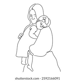 Line art illustration of mother and kid, Happy mother's day vector illustration. mom and daughter.