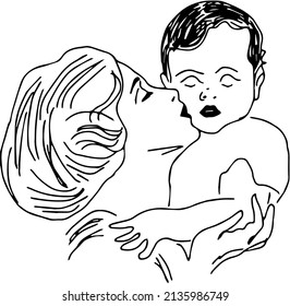 line art illustration of mother kissing her son, Outline sketch drawing of mother and son