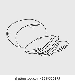Line art illustration of mozzarella cheese and sliced pieces