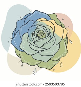 Line art illustration of a multicolored succulent flower with abstract background.