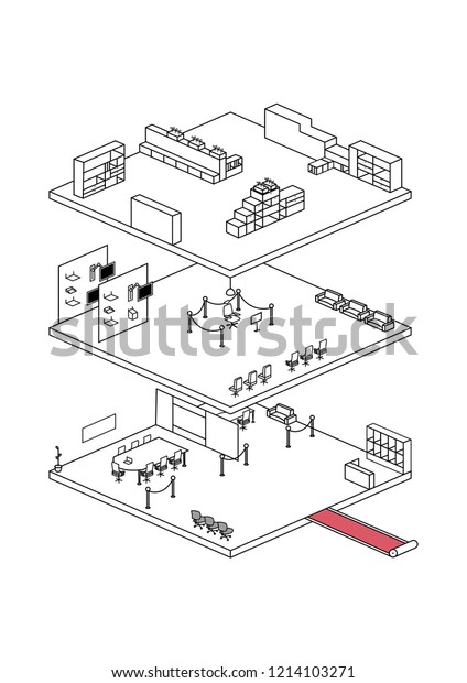複数階の現代オフィスの作業スペースの販売ショールームで オフィス家具の展示や来場者を表すラインアートイラスト のベクター画像素材 ロイヤリティフリー