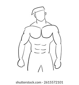 Line art illustration of a muscular man with defined abs and chest.