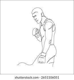 Line art illustration of a muscular MMA fighter in a focused stance with clenched fists, wearing gloves and a tank top, ready for combat.
