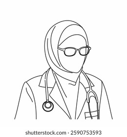 Line art illustration of Muslim female doctor, female Arabian doctor, Muslim woman doctor