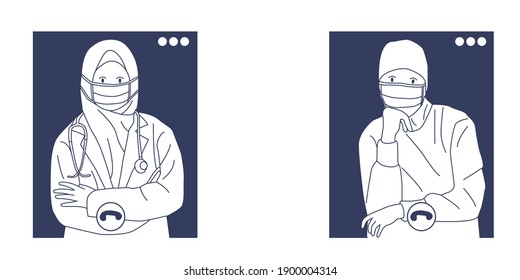Line Art Illustration of Muslim Hijab Woman as Doctors and Surgeons Wearing Medical Mask while Participating in Video Calls.  Head Shot of Medical Professionals Sharing Information, Provide Support