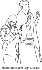 Line Art Illustration der muslimischen Mann und Frau beten im Fall Hajj