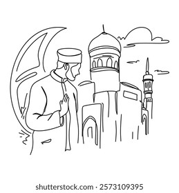 Line art illustration of a Muslim man praying in front of a mosque, symbolizing Ramadan and Islamic faith. Perfect for greeting cards, social media posts, and designs related to Eid al Fitr and Islami