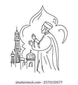 Line art illustration of a Muslim man praying with a mosque in the background, symbolizing Ramadan and Islamic faith. Perfect for greeting cards, social media post