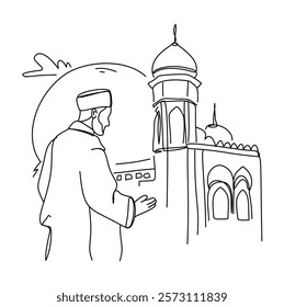 Line art illustration of a Muslim man praying in front of a mosque, symbolizing Ramadan and Islamic faith. Perfect for greeting cards, social media post