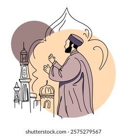 Line art illustration of a Muslim man praying in front of a mosque, symbolizing Ramadan and Islamic faith. Perfect for greeting cards, social media posts, and designs related to Eid al-Fitr