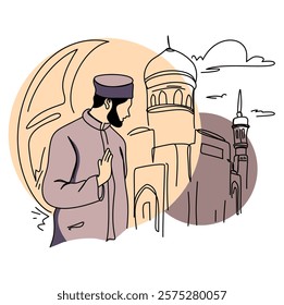 Line art illustration of a Muslim man praying in front of a mosque under the crescent moon, symbolizing Ramadan and Islamic faith. Perfect for greeting cards, social media posts, and designs related t