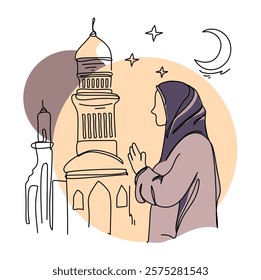 Line art illustration of a Muslim man praying in front of a mosque under the crescent moon, symbolizing Ramadan and Islamic faith. Perfect for greeting cards, social media posts