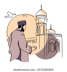 Line art illustration of a Muslim man praying in front of a mosque, symbolizing Ramadan and Islamic faith. Perfect for greeting cards, social media posts