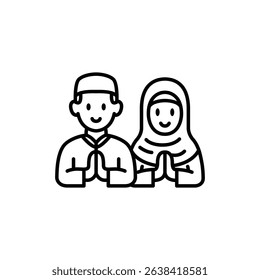 Line art illustration of a Muslim man and woman in traditional clothing, expressing a respectful greeting.