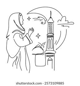 Line art illustration of a Muslim woman praying under the crescent moon with a mosque in the background, symbolizing Ramadan and Islamic faith. Perfect for greeting cards, social media posts