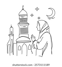 Line art illustration of a Muslim woman praying in front of a mosque under the crescent moon and stars, symbolizing Ramadan and Islamic faith. Perfect for greeting cards, social media post