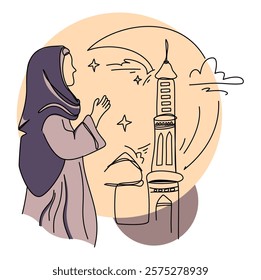 Line art illustration of a Muslim woman praying in front of a mosque under the crescent moon and stars, symbolizing Ramadan and Islamic faith. Perfect for greeting cards, social media posts