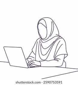 Line art Illustration of Muslim Woman Wearing Hijab working with laptop