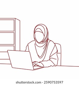 Line art illustration of Muslim woman working with laptop in office