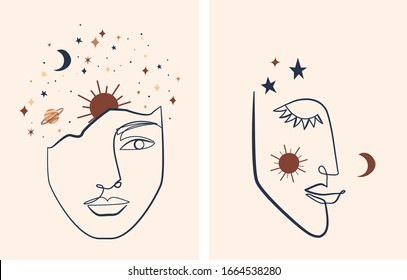 Line art Illustration with Mystical and Celestial elements like stars, moon, sun and planets. Magic, spiritual graphic elements.