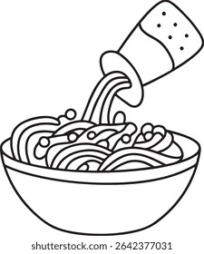 Line art illustration of noodles being poured into a bowl from a container.  Simple, clean design perfect for menus, recipe books, or food blogs.