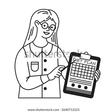 Line art illustration of a nutritionist smiling while showing a detailed diet plan on a clipboard. Ideal for health, wellness, and dietrelated concepts.