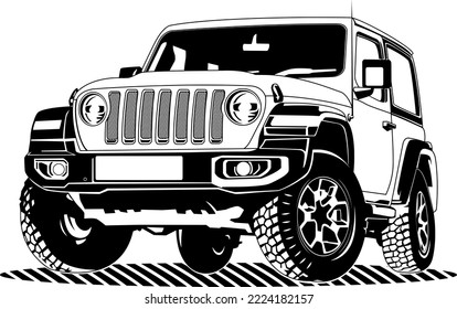 line art illustration offroad car, vehicle black white