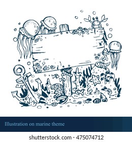 line art illustration on the sea bottom theme with wooden sing