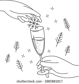 Line art illustration. One hand holds a glass. The other hand decorates it with a decorative snowflake.