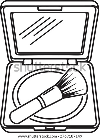 Line art illustration of an open compact with a makeup brush image represents beauty and cosmetic application powder puff beauty case compact mirror cosmetic application illustration elegance
