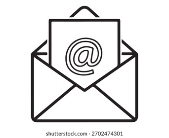 A line art illustration of an open envelope with the at symbol inside, representing email communication, ideal for web and print use