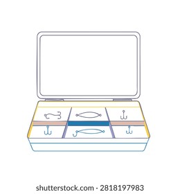A line art illustration of an open plastic fishing tackle box containing assorted hooks and lures in partitioned compartments.