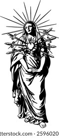 Line art illustration of Our Lady of Sorrows, featuring seven swords piercing her heart.