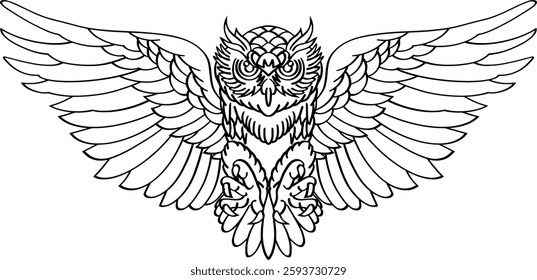 Line Art Illustration of an Owl with Spread Wings