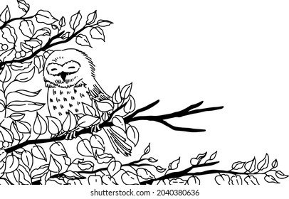 Line art illustration of an owl staying on a tree