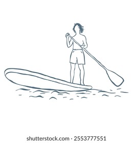 Line Art Illustration of Paddleboard and Man. Vector Graphic.