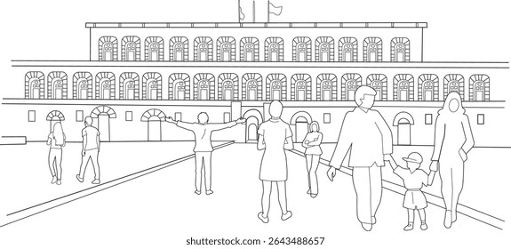Line Art Illustration of Palazzo Pitti in Florence, A minimalist black and white line drawing depicting the facade of the historic Palazzo Pitti in Florence, Italy. Several abstract figures of
