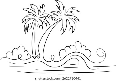Line art illustration of palm trees and ocean waves.