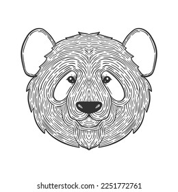 line art illustration of a panda head with a texture made of lines, suitable for decoration or coloring pages