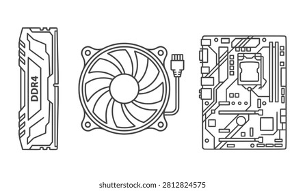 Line Art Illustration of PC Hardware Components with RAM Stick, Cooling Fan and Motherboard Circuit Layout