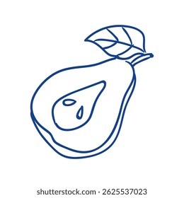 Line art illustration of a pear with a leaf on white background