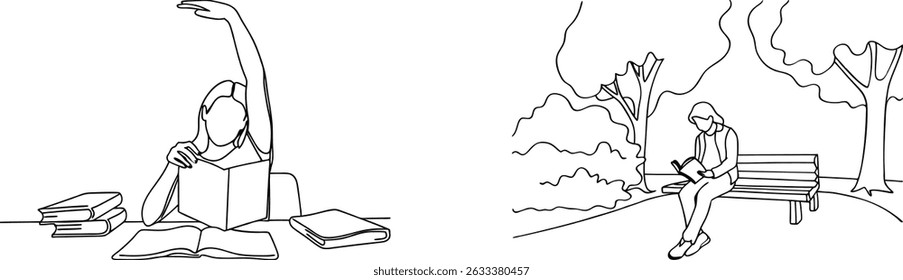 Line art illustration of people reading books indoors and relaxing outdoors in a park