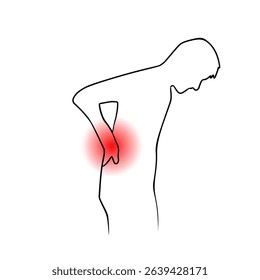 Line art illustration of a person experiencing lower back pain, with red pain highlight. Ideal for medical, health, posture, or anatomy-related designs and education