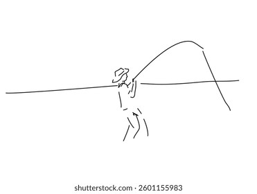 Line art illustration of a person fishing, created with simple and clean strokes.
