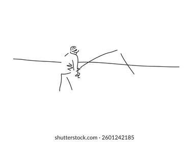 Line art illustration of a person fishing, created with simple and clean strokes.
