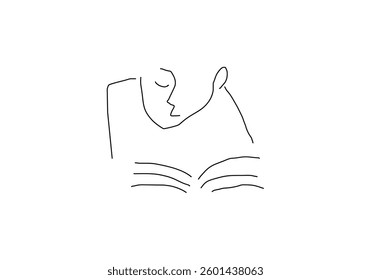 line art illustration of a person reading a book, symbolizing literacy, knowledge, and learning.