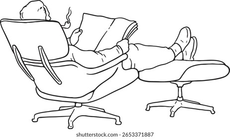ilustração de arte de linha de uma pessoa relaxando em uma cadeira de salão clássica com um otomano, lendo um jornal e fumando. Perfeito para temas de lazer, conforto, casa, estilo vintage e relaxamento.