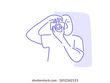  ilustração artística em linha de uma pessoa tirando uma foto com uma câmera, simbolizando fotografia, criatividade, narrativa e captura de momentos de vida